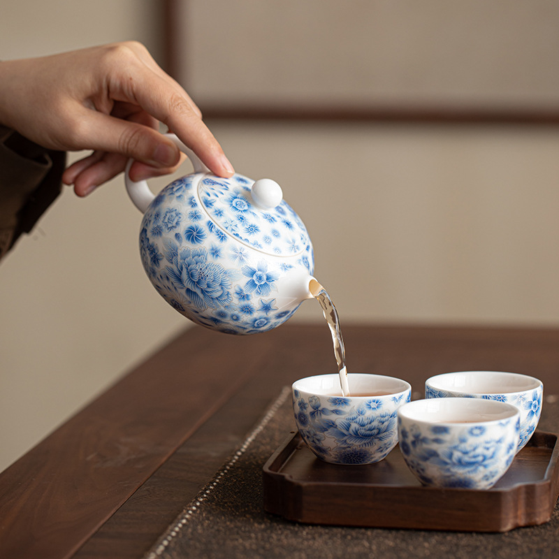 Ceainic Xishi albastru-alb cu ceașcă, set Kung Fu din ceramică
