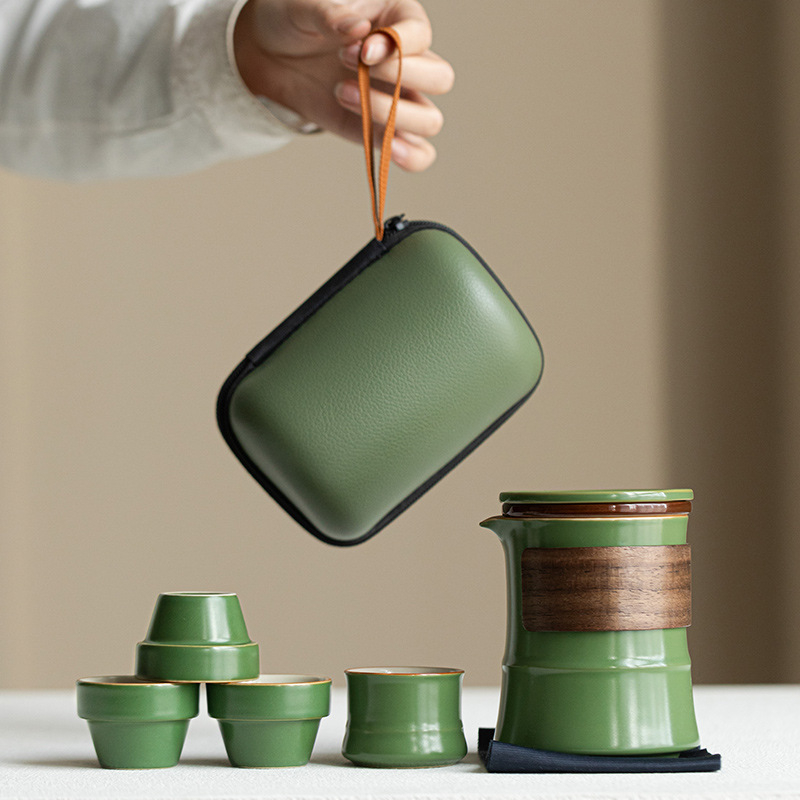 Set ceramic de ceai cu bambus pentru călătorii - 1 ceainic și 4 cești, portabil pentru exterior