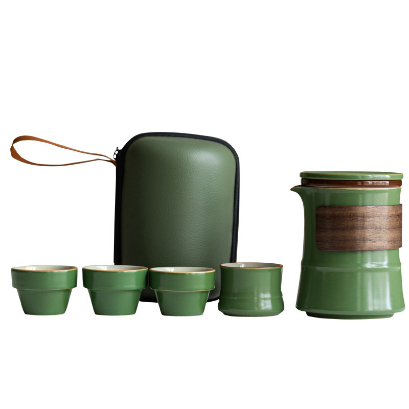 Set ceramic de ceai cu bambus pentru călătorii - 1 ceainic și 4 cești, portabil pentru exterior