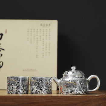 Set Gongfu de ceai realizat manual, argint placat cu aur, Dragon cu cerneală, 1 ceainic și 2 cești – cadou elegant pentru casă