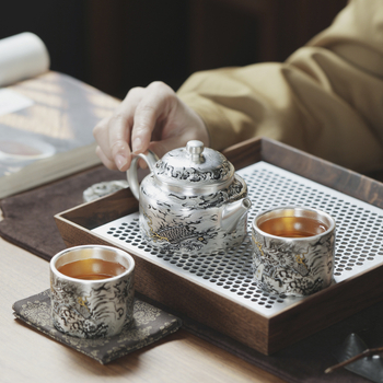 Set Gongfu de ceai realizat manual, argint placat cu aur, Dragon cu cerneală, 1 ceainic și 2 cești – cadou elegant pentru casă