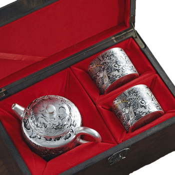 Set Gongfu de ceai realizat manual, argint placat cu aur, Dragon cu cerneală, 1 ceainic și 2 cești – cadou elegant pentru casă