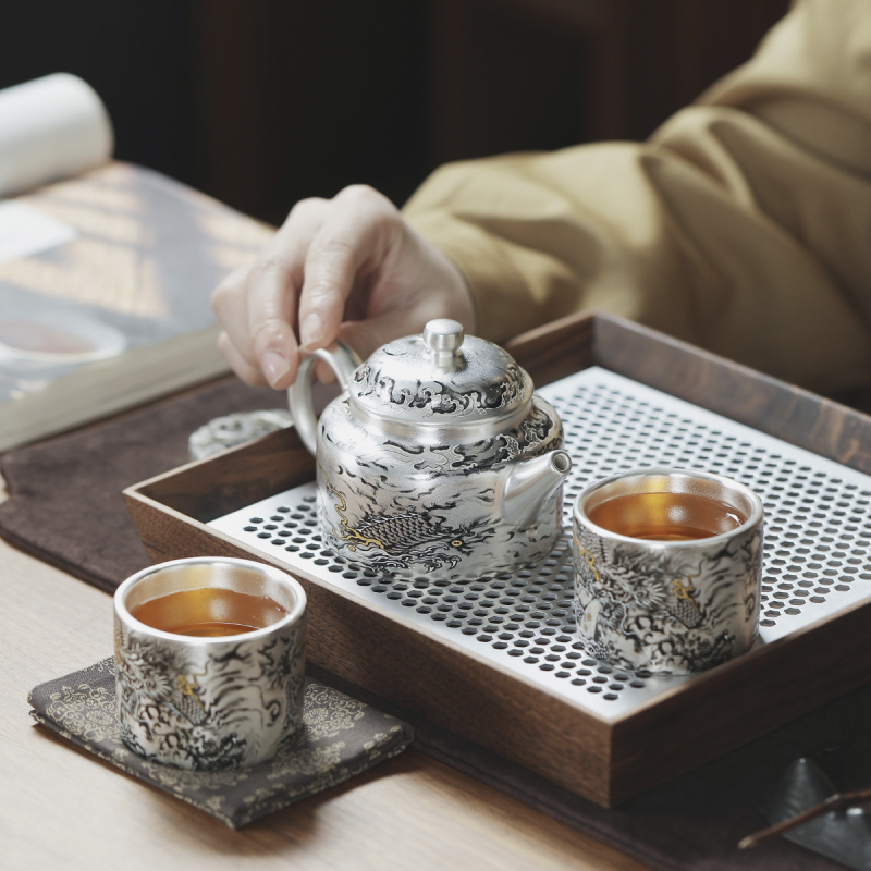Set Gongfu de ceai realizat manual, argint placat cu aur, Dragon cu cerneală, 1 ceainic și 2 cești – cadou elegant pentru casă