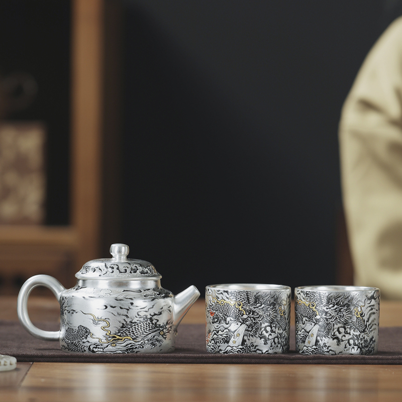 Set Gongfu de ceai realizat manual, argint placat cu aur, Dragon cu cerneală, 1 ceainic și 2 cești – cadou elegant pentru casă