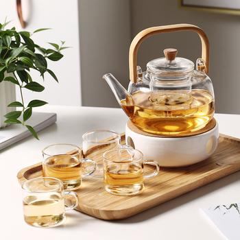 Set ceainic din sticlă cu flori, ceainic cu fructe, plită pentru ceai încălzită cu lumânare, fierbător de apă și vas wellness pentru ceaiul de după-amiază