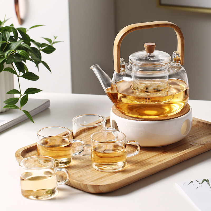 Set ceainic din sticlă cu flori, ceainic cu fructe, plită pentru ceai încălzită cu lumânare, fierbător de apă și vas wellness pentru ceaiul de după-amiază