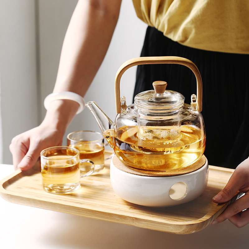 Set ceainic din sticlă cu flori, ceainic cu fructe, plită pentru ceai încălzită cu lumânare, fierbător de apă și vas wellness pentru ceaiul de după-amiază