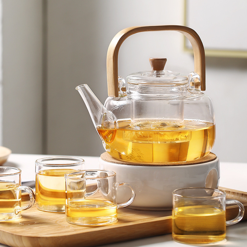 Set ceainic din sticlă cu flori, ceainic cu fructe, plită pentru ceai încălzită cu lumânare, fierbător de apă și vas wellness pentru ceaiul de după-amiază