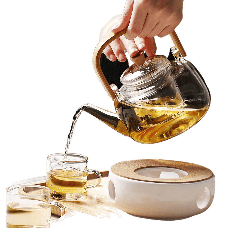 Set ceainic din sticlă cu flori, ceainic cu fructe, plită pentru ceai încălzită cu lumânare, fierbător de apă și vas wellness pentru ceaiul de după-amiază