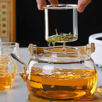 Ceainic din sticlă borosilicat, mâner din bambus, potrivit pentru plită