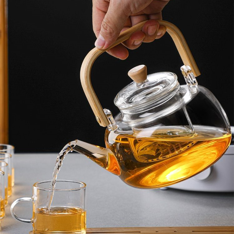 Ceainic din sticlă borosilicat, mâner din bambus, potrivit pentru plită