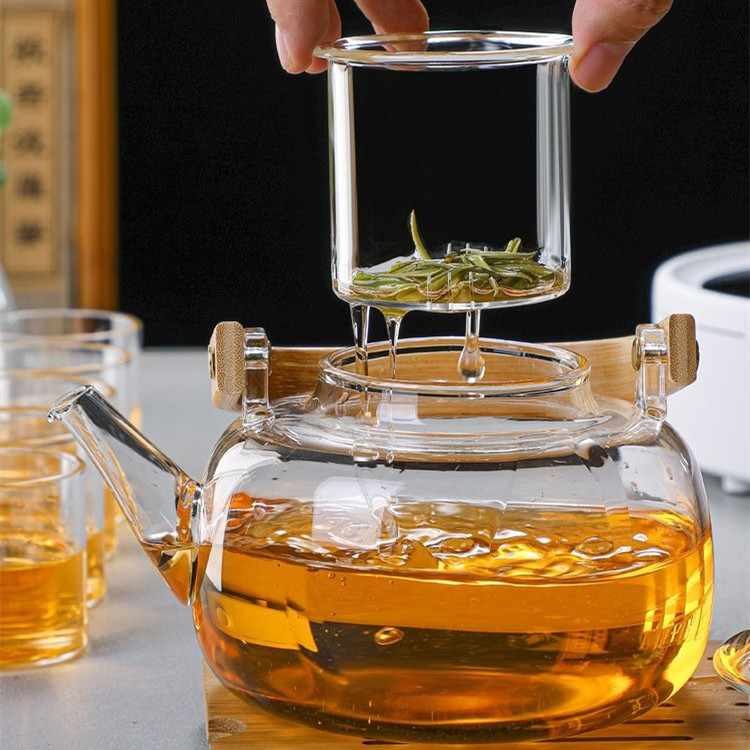 Ceainic din sticlă borosilicat, mâner din bambus, potrivit pentru plită