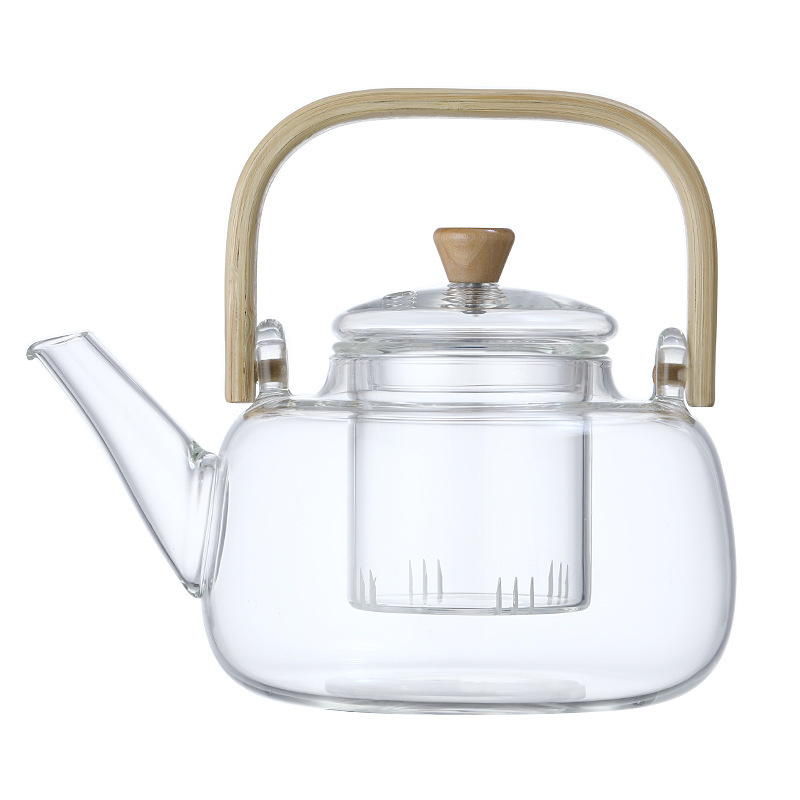 Ceainic din sticlă borosilicat, mâner din bambus, potrivit pentru plită