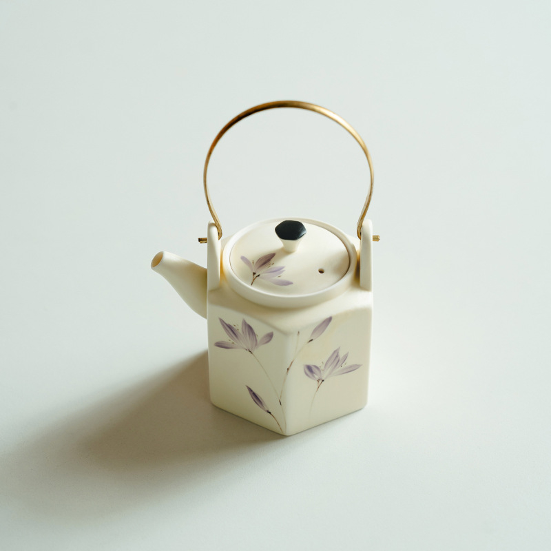 Ceainic în stil chinezesc nou, ceramică pictată manual cu motiv orhidee mov, cu mâner de ridicare, pentru uz casnic
