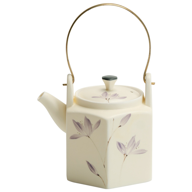 Ceainic în stil chinezesc nou, ceramică pictată manual cu motiv orhidee mov, cu mâner de ridicare, pentru uz casnic
