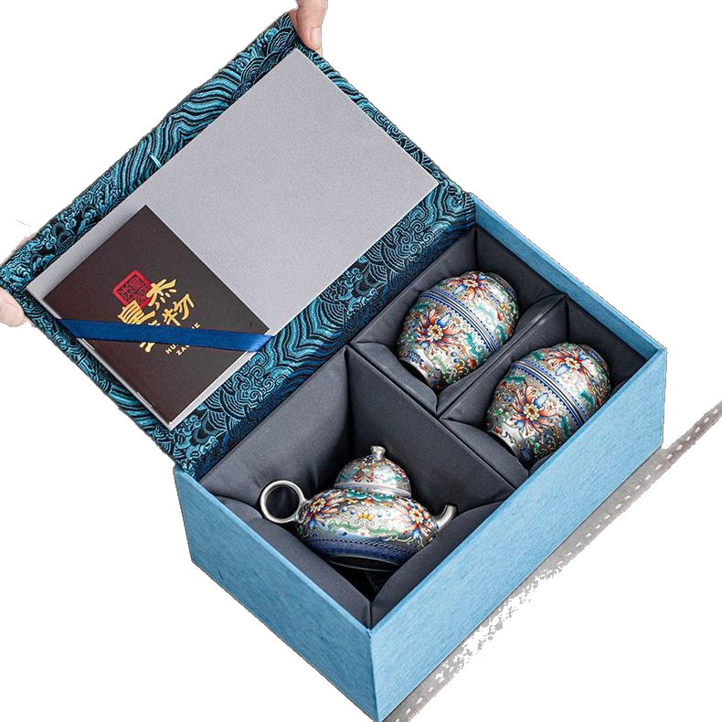 Set de ceai din porțelan placat cu argint, ceainic și cești în stil chinezesc, cutie cadou premium