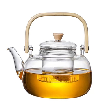 Ceainic de sticlă cu capacitate mare pentru fierberea apei și infuzarea ceaiului, cu filtru, din sticlă borosilicat, mâner din bambus