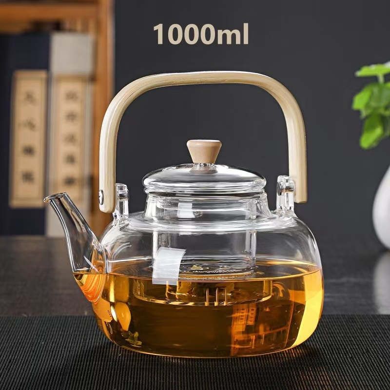 Ceainic de sticlă cu capacitate mare pentru fierberea apei și infuzarea ceaiului, cu filtru, din sticlă borosilicat, mâner din bambus