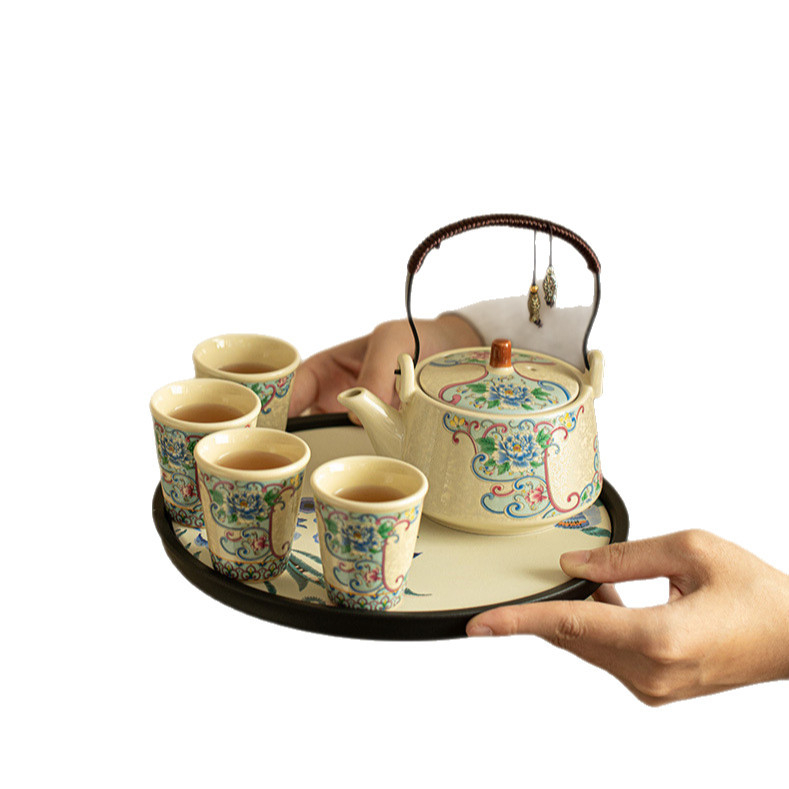 Set de ceai porțelan Kung Fu cu ceainic și patru cești – set mic pentru uz casnic, model bujor
