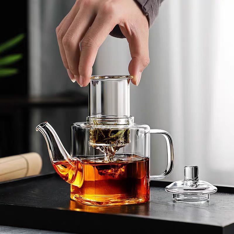 Ceainic din sticlă rezistentă la temperatură, pătrat, mic, stil chinezesc pentru ceai de flori, pentru o persoană, design îngroșat