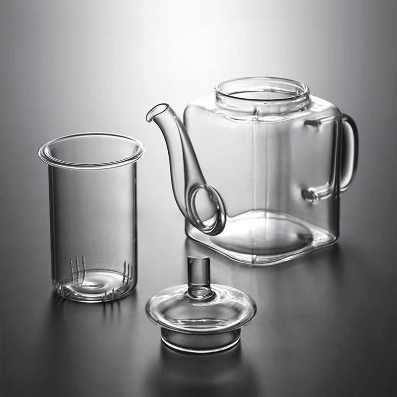 Ceainic din sticlă rezistentă la temperatură, pătrat, mic, stil chinezesc pentru ceai de flori, pentru o persoană, design îngroșat