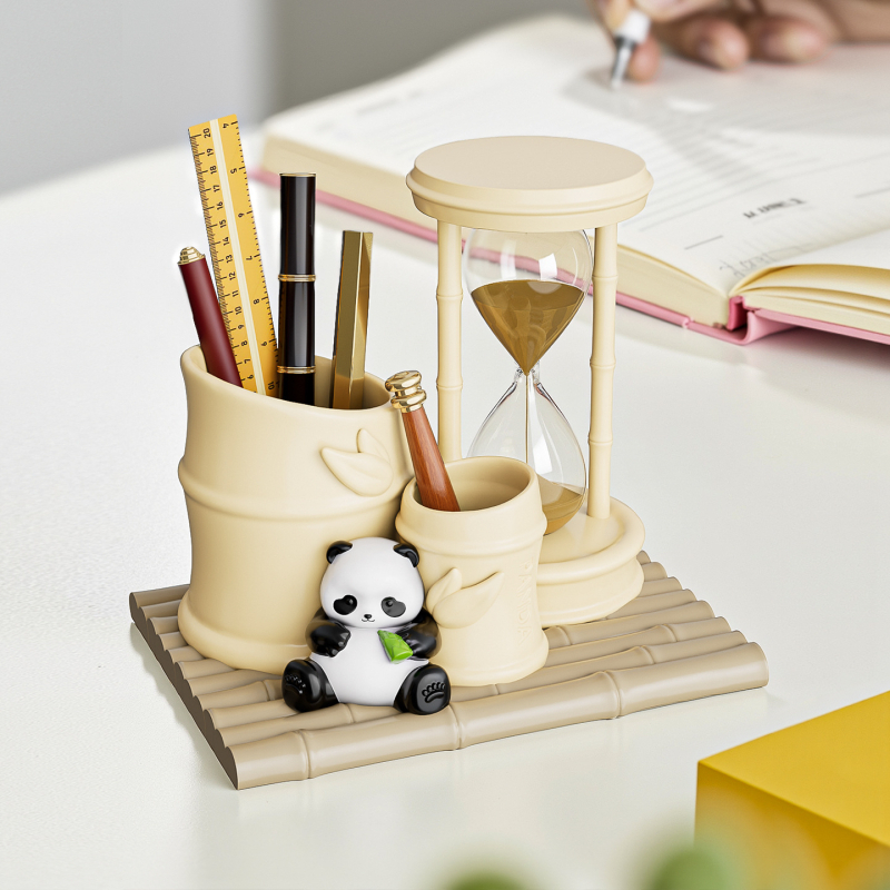 Ornament Panda cu clepsidră, organizator de birou de înaltă calitate și suport pentru pixuri, din rășină, potrivit pentru student și birou, cadou pentru Ziua Profesorului