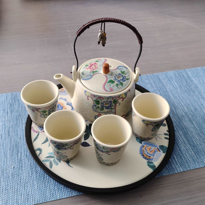 Ceainic în stil chinezesc, email argintiu filigranat cu mâner, set Gongfu modern pentru ceai, 1 ceainic și 4 cești, cadou de afaceri