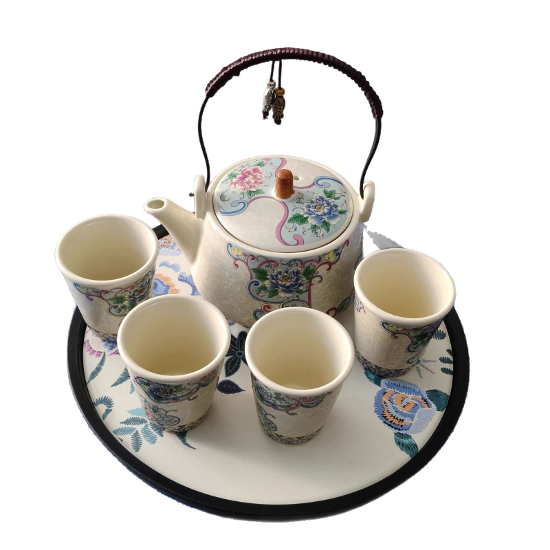 Ceainic în stil chinezesc, email argintiu filigranat cu mâner, set Gongfu modern pentru ceai, 1 ceainic și 4 cești, cadou de afaceri