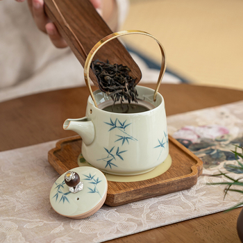 Ceainic pictat manual cu frunze de bambus și mâner din cupru, ceainic ceramic celadon cu filtru pentru ceai Kung Fu
