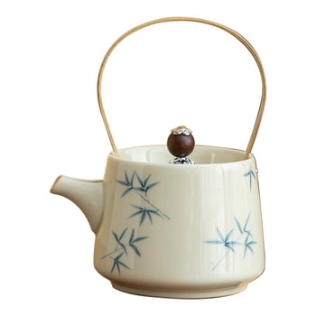 Ceainic pictat manual cu frunze de bambus și mâner din cupru, ceainic ceramic celadon cu filtru pentru ceai Kung Fu