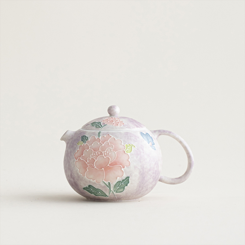 Ceainic ceramic pictat manual în stil chinezesc, cu motiv de bujor, mic, elegant pentru femei, pentru o porție de ceai