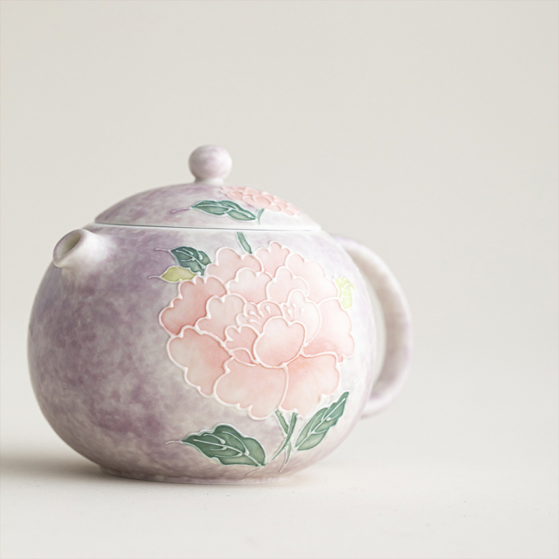 Ceainic ceramic pictat manual în stil chinezesc, cu motiv de bujor, mic, elegant pentru femei, pentru o porție de ceai
