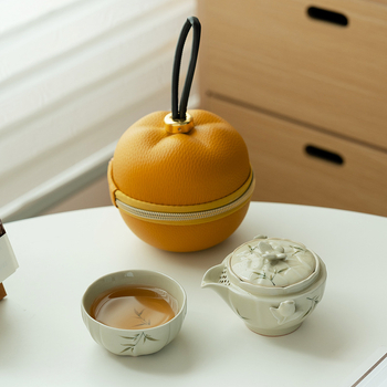 Set de ceai ceramic pentru călătorii, pictat manual cu design bambus-tulipă, portabil pentru o singură persoană