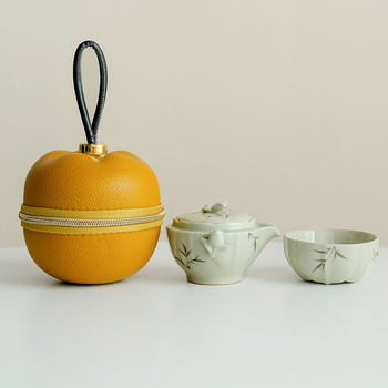 Set de ceai ceramic pentru călătorii, pictat manual cu design bambus-tulipă, portabil pentru o singură persoană