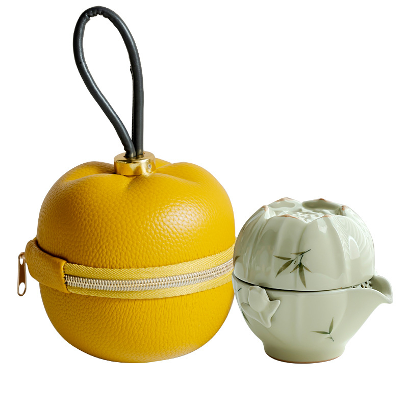 Set de ceai ceramic pentru călătorii, pictat manual cu design bambus-tulipă, portabil pentru o singură persoană