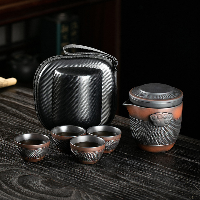 Set portabil de ceai din ceramică mov, ceainic și cești pentru camping – 1 ceainic, 4 cești