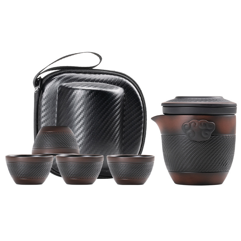Set portabil de ceai din ceramică mov, ceainic și cești pentru camping – 1 ceainic, 4 cești