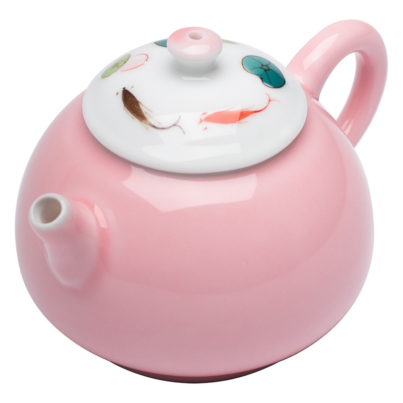 Ceainic mic roz pictat manual cu lotus, ceramic, pentru set Gongfu de ceai, uz casnic, cu filtru