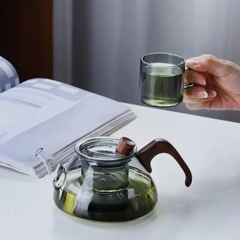 Ceainic din sticlă borosilicată, mâner din lemn, design floral, set de ceai pentru birou, rezistent la căldură, stil modern minimalist