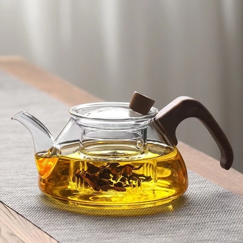 Ceainic din sticlă borosilicată, mâner din lemn, design floral, set de ceai pentru birou, rezistent la căldură, stil modern minimalist