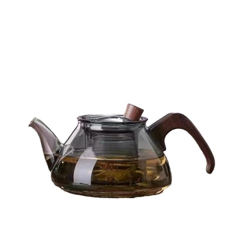 Ceainic din sticlă borosilicată, mâner din lemn, design floral, set de ceai pentru birou, rezistent la căldură, stil modern minimalist