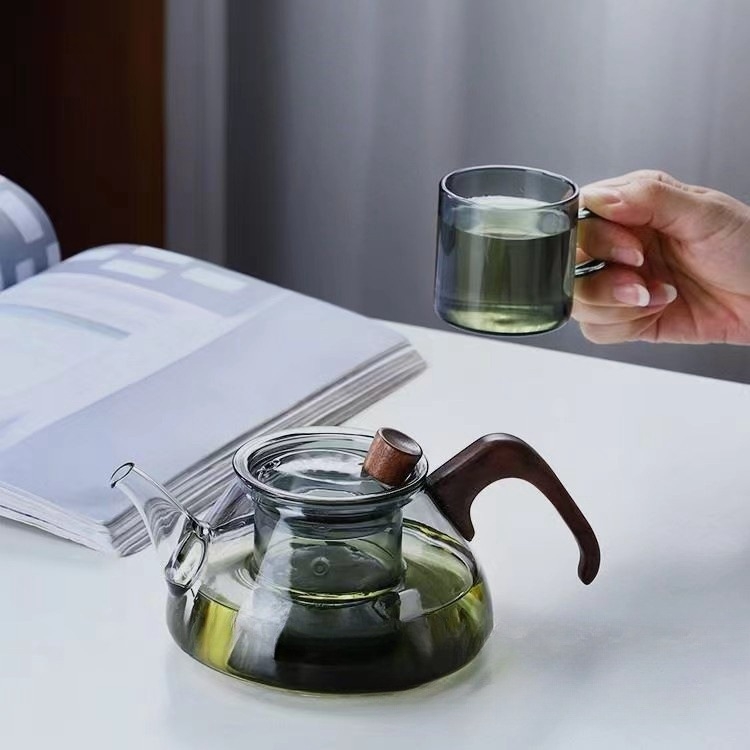 Ceainic din sticlă borosilicată, mâner din lemn, design floral, set de ceai pentru birou, rezistent la căldură, stil modern minimalist
