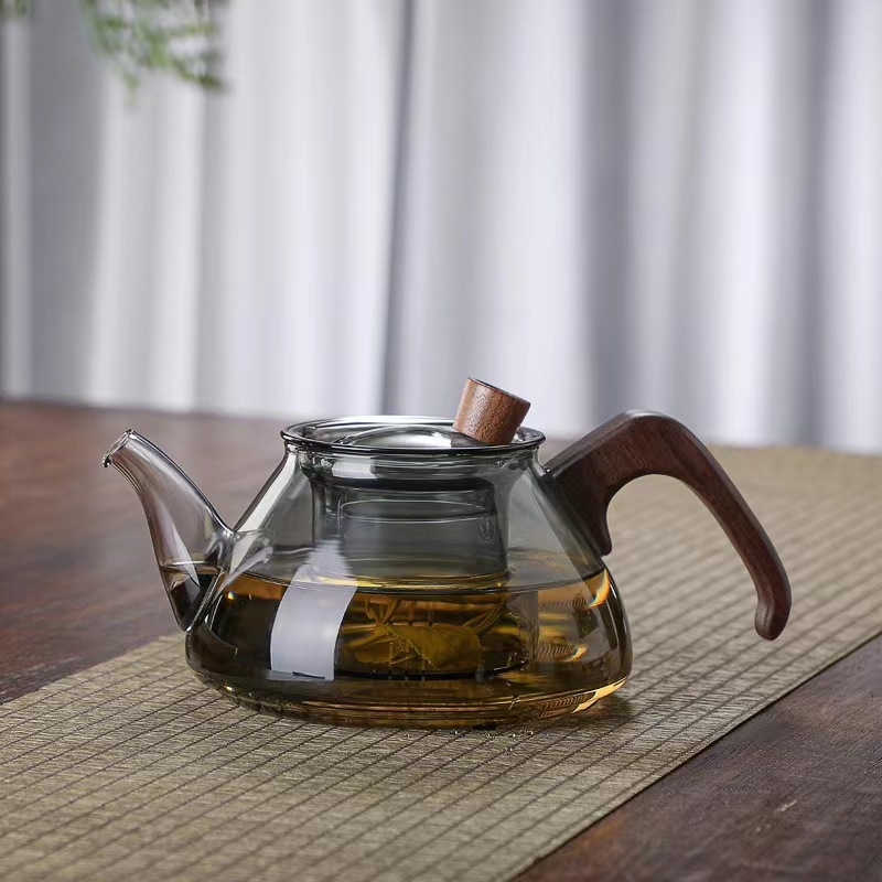 Ceainic din sticlă borosilicată, mâner din lemn, design floral, set de ceai pentru birou, rezistent la căldură, stil modern minimalist