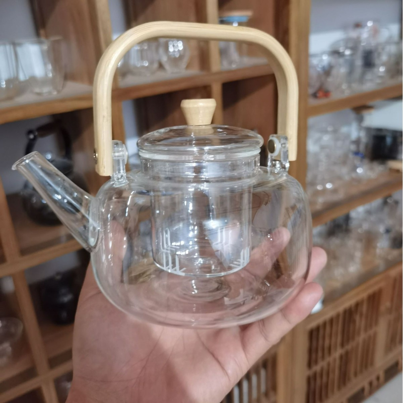 Ceainic din sticlă cu mâner, rezistent la căldură pentru infuzare ceai Pu'er și ceai alb, set de ceai în stil nou chinezesc