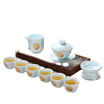 Set de ceai Kung Fu din porțelan alb cu motiv de orhidee aurie, set mare cadou, cu posibilitate de logo personalizat, pentru afaceri și uz casnic, ceramic