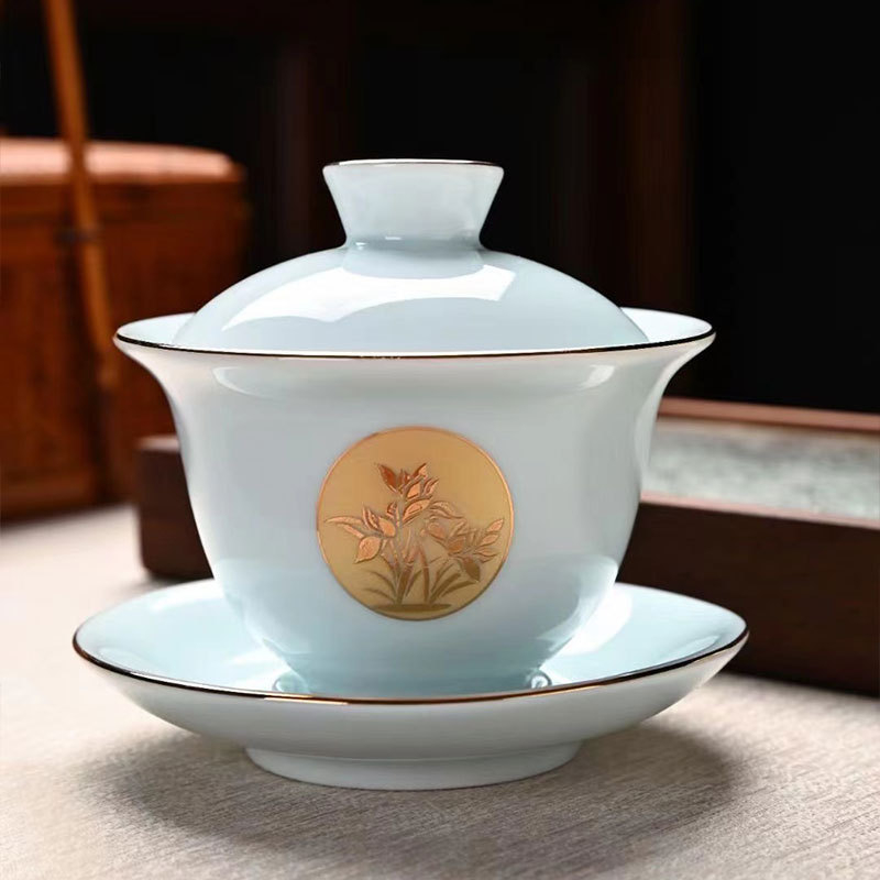 Set de ceai Kung Fu din porțelan alb cu motiv de orhidee aurie, set mare cadou, cu posibilitate de logo personalizat, pentru afaceri și uz casnic, ceramic