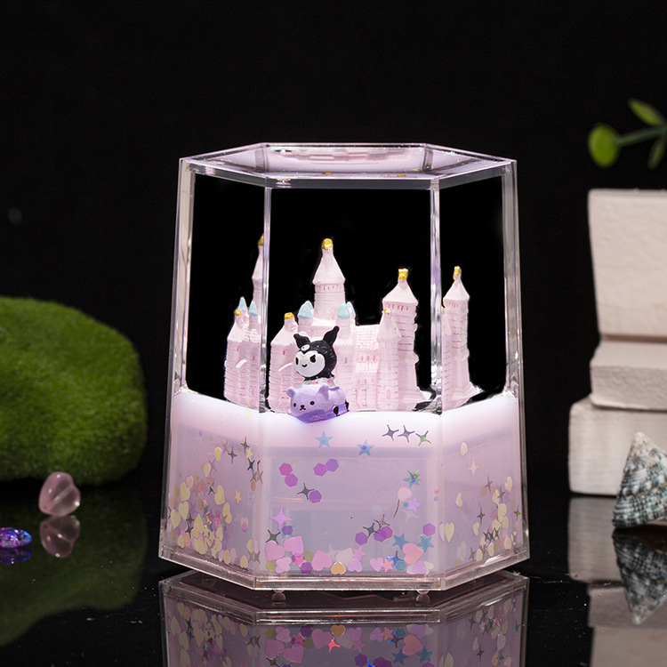 Clepsidră lichidă în formă de castel creativ, cu iluminare, design hexagonal în formă de picătură de ulei, jucărie muzicală pentru copii, decor de birou