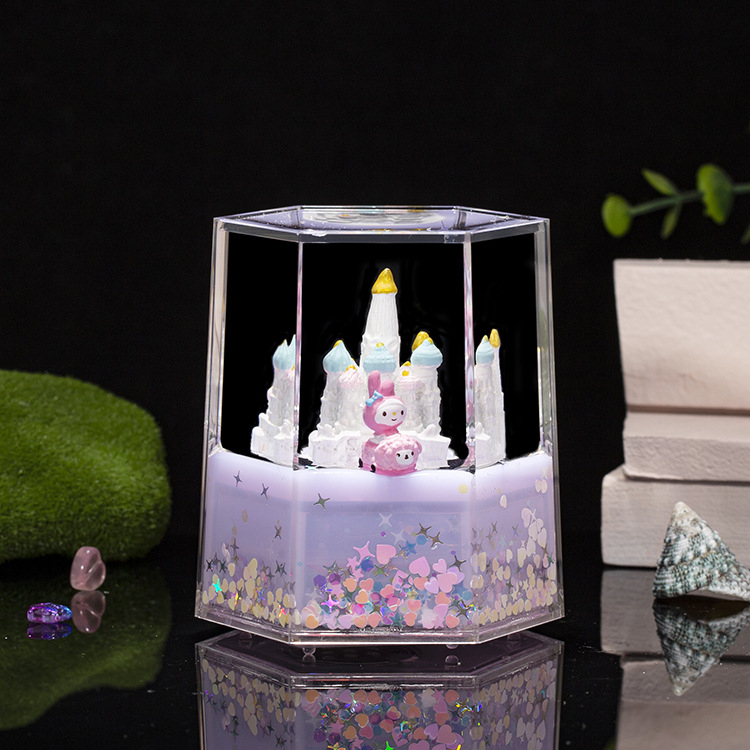 Clepsidră lichidă în formă de castel creativ, cu iluminare, design hexagonal în formă de picătură de ulei, jucărie muzicală pentru copii, decor de birou