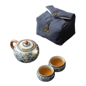 Set de ceai pentru călătorii în stil albastru-alb Ru Kiln, ceramică, ceainic și două cești, husă din pânză