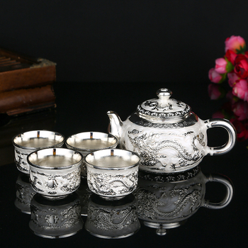 Set Gongfu ceai în stil european, argintiu Dragon și Phoenix, pentru casă și birou, cu cutie cadou
